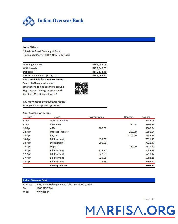 Blank India Indian Overseas bank statement excel example